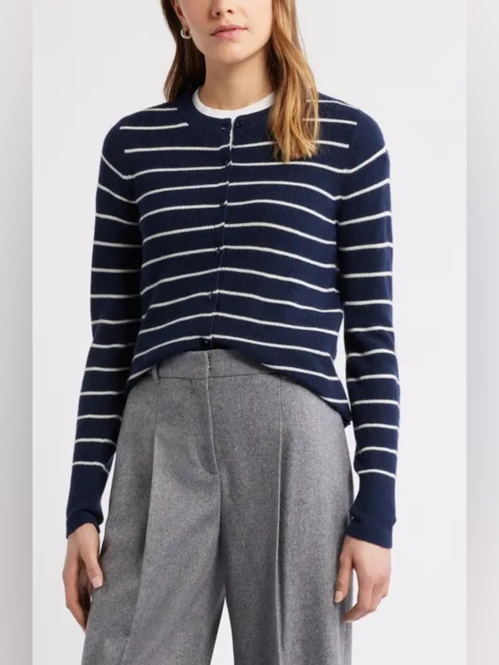 Caslon Merino Wool Blend Striped Cardigan Navy White XL NWT Crewneck